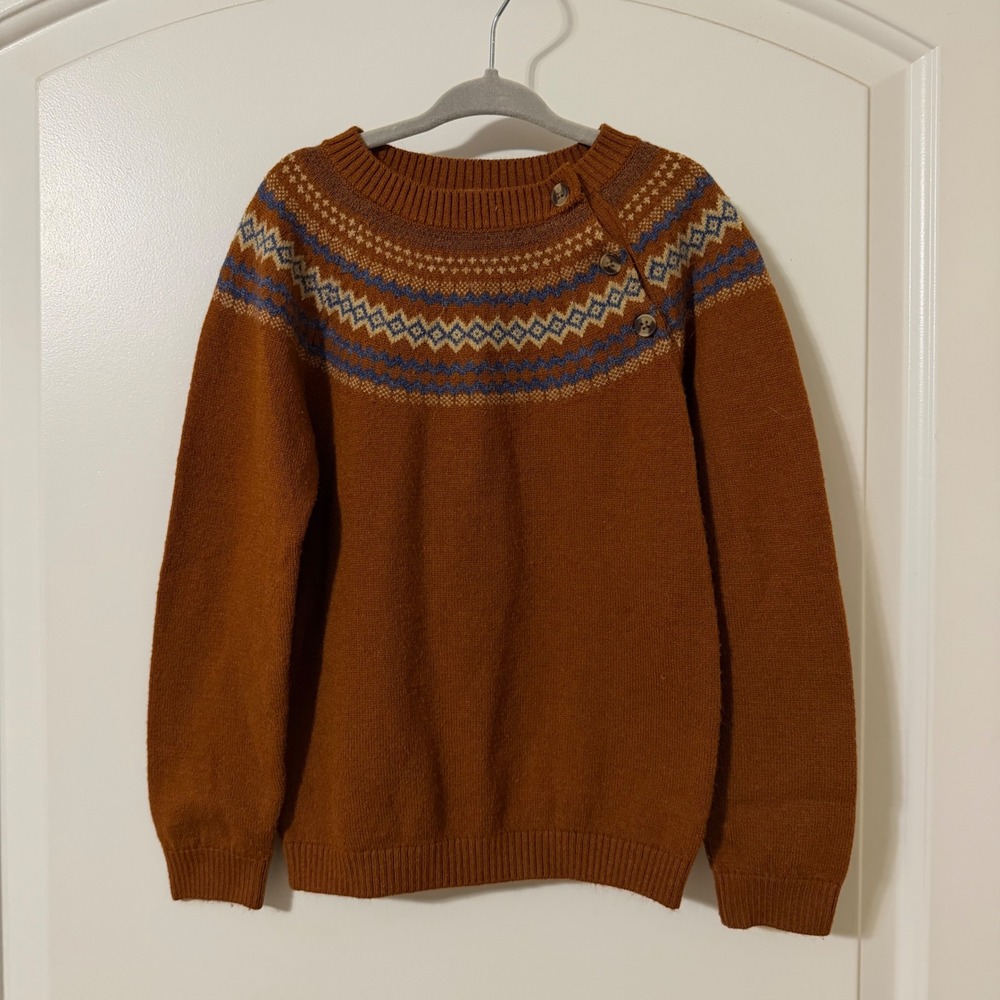 Edgehill Collection Rust Brown Fair Isle Shoulder Button Sweater Kids 6